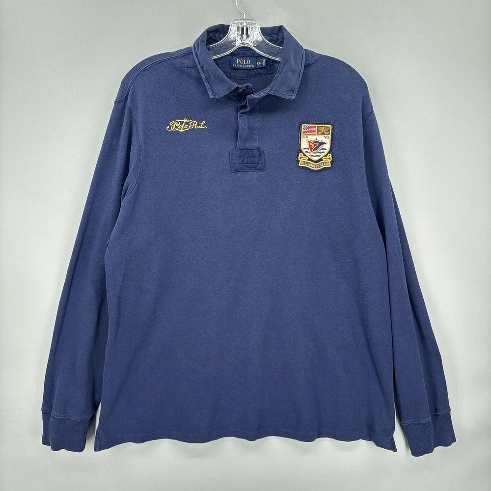 Polo Ralph Lauren Shirt Mens 2XL Blue Rugby RL Yacht Club Nautical Flag Spellout
